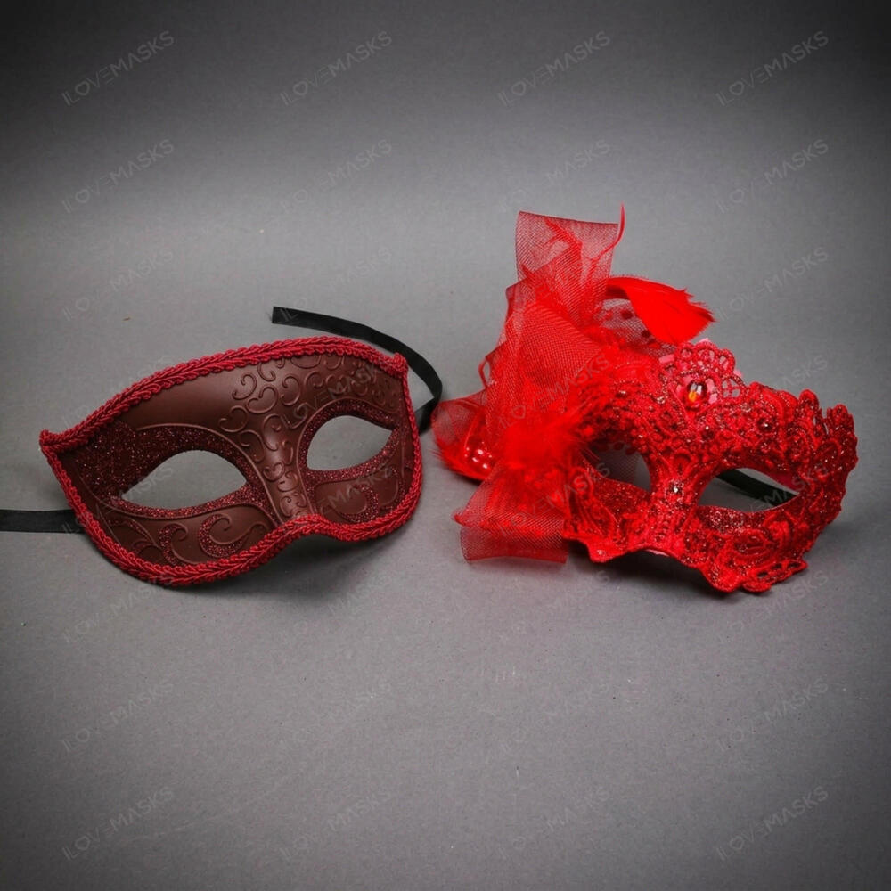 Venetian Lace Feather Glitter Masquerade Halloween Party mask Red Maroon